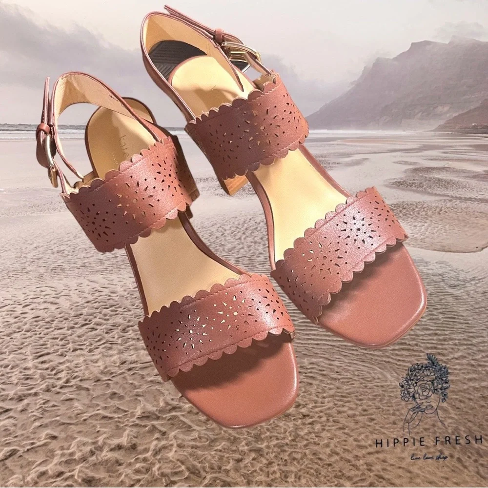 Kate Spade Laser-Cut Sunburst Leather Sandals, Brown Size US 9M